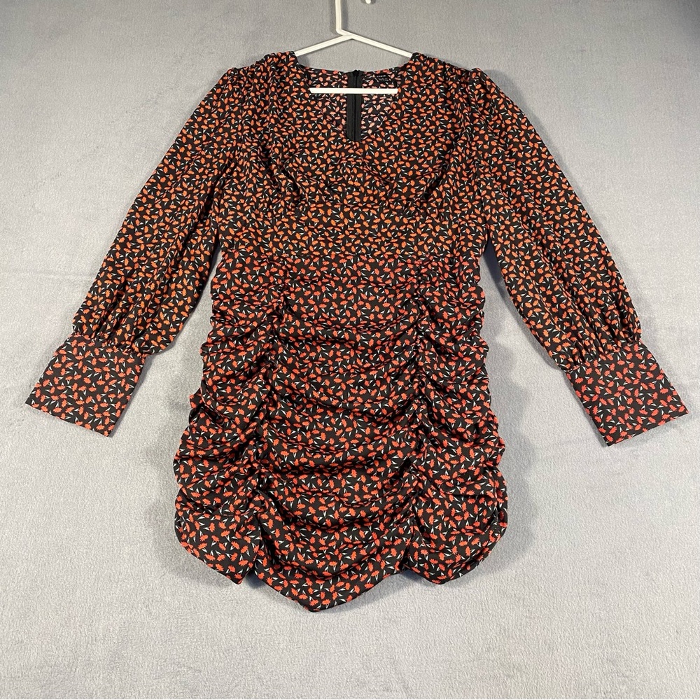 Women’s Black & Orange Floral Bodycon Dress, Long Sleeves, size L